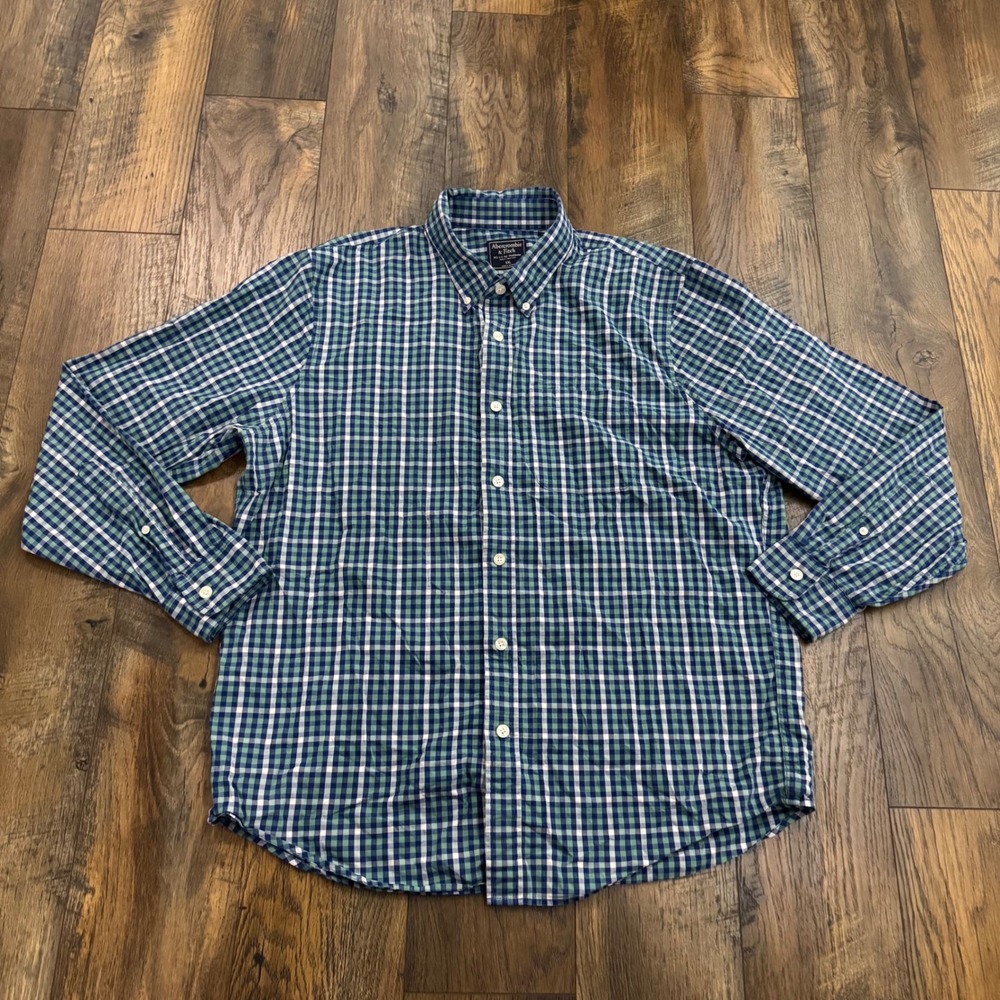 Abercrombie & Fitch Mens XXL Green Blue Gingham‎ Plaid Button Down Shirt